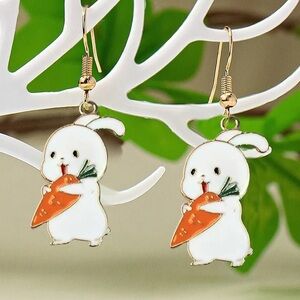 Bunny Holding Carrot Enamel Gold Toned Dangle Earrings